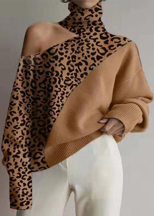 Loose Leopard Turtleneck Cold Shoulder Cozy Knit Sweaters Fall Al1056