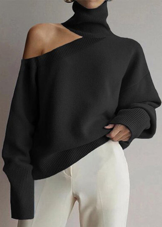 Loose Leopard Turtleneck Cold Shoulder Cozy Knit Sweaters Fall Al1056