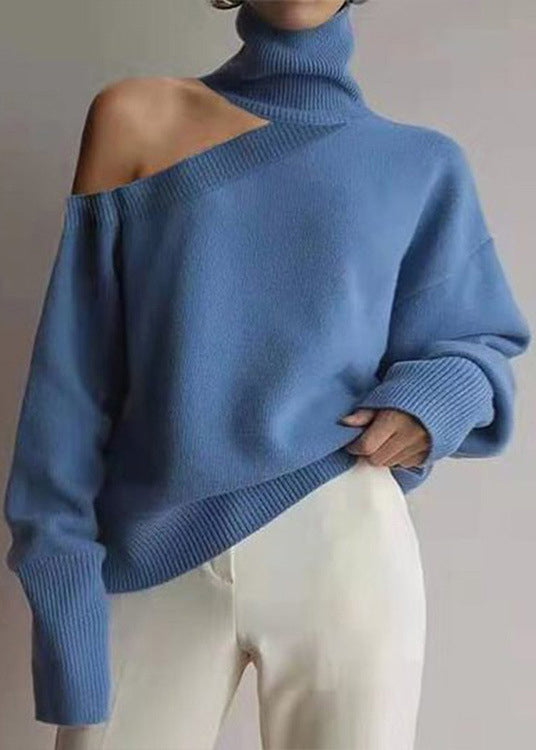 Loose Leopard Turtleneck Cold Shoulder Cozy Knit Sweaters Fall Al1056