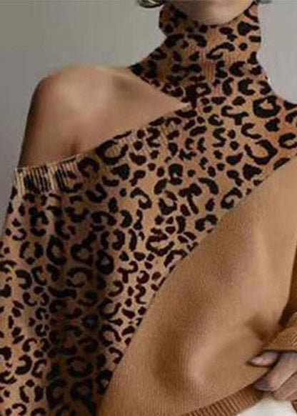 Loose Leopard Turtleneck Cold Shoulder Cozy Knit Sweaters Fall Al1056