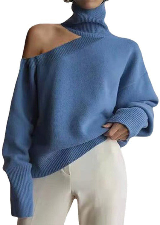 Loose Leopard Turtleneck Cold Shoulder Cozy Knit Sweaters Fall Al1056