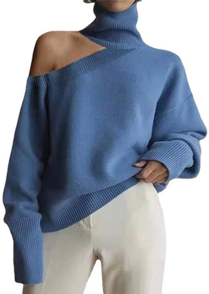 Loose Leopard Turtleneck Cold Shoulder Cozy Knit Sweaters Fall Al1056