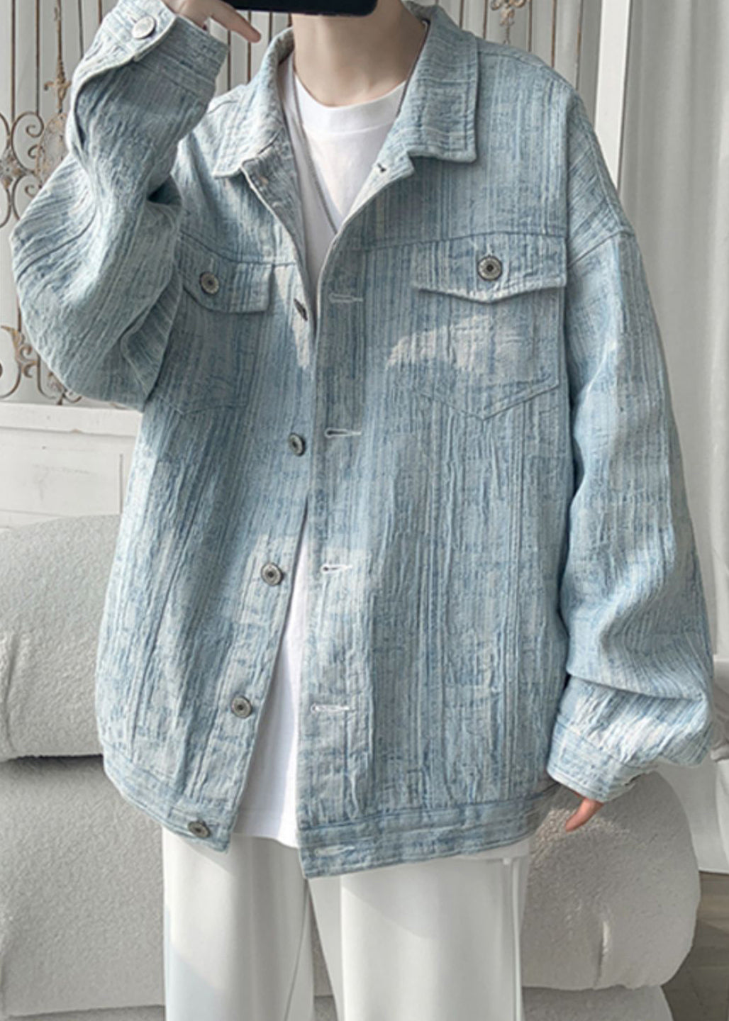 Loose Light Blue Button Pockets Denim Coat Fall Wa032
