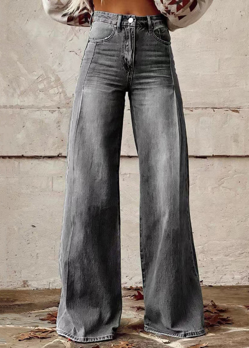 Blue Denim Waist Wide Leg High Loose Pants Light Button Pockets