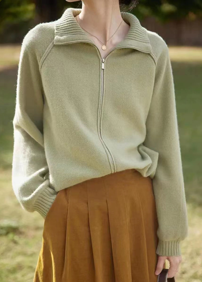 Loose Light Green Zip Up Patchwork Knit Coats Long Sleeve Tu033