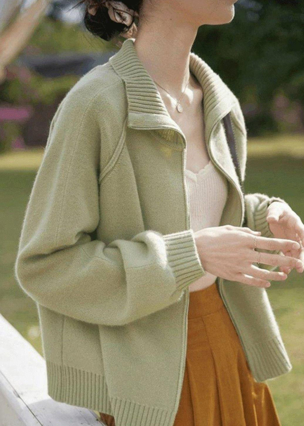 Loose Light Green Zip Up Patchwork Knit Coats Long Sleeve Tu033