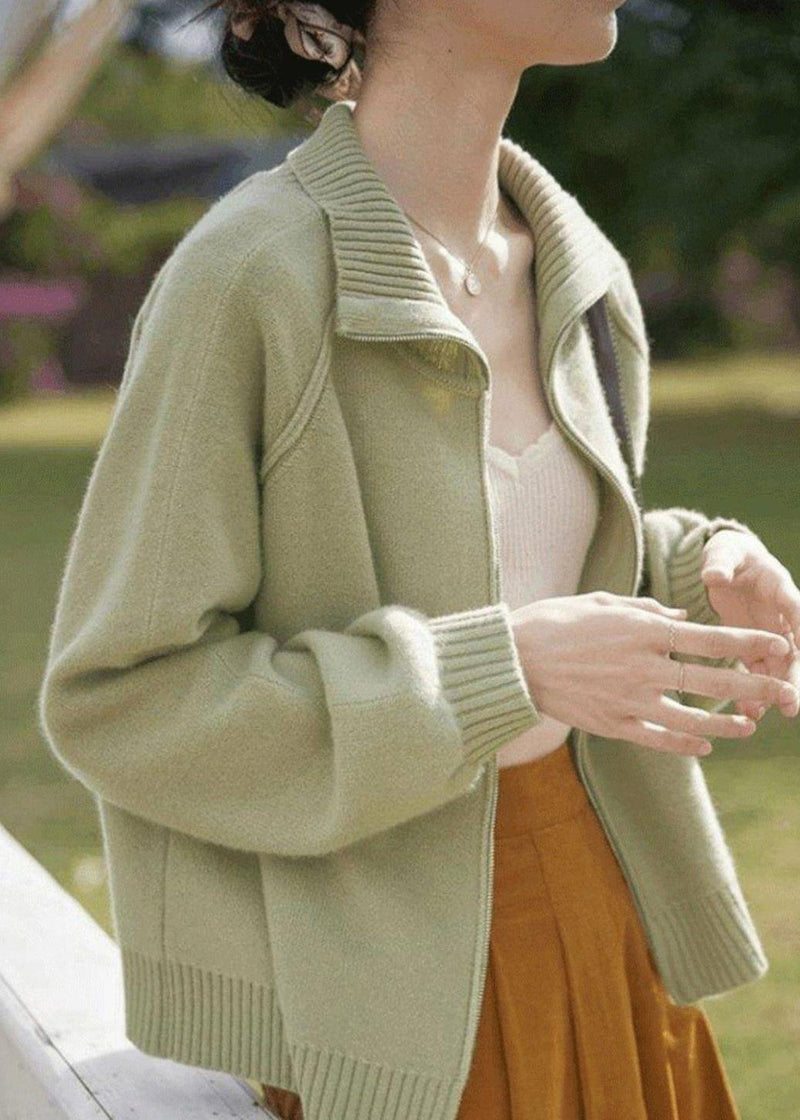 Loose Light Green Zip Up Patchwork Knit Coats Long Sleeve Tu033