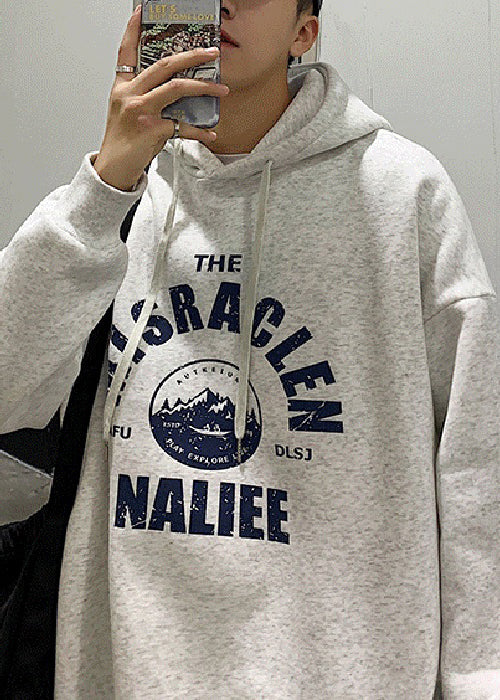 Loose Light Grey Hooded Lace Up Print Warm Fleece Sweatshirts Spring Yq034
