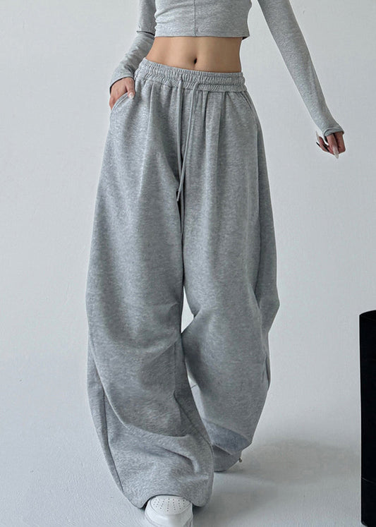 Loose Light Grey Pockets Drawstring Wide Leg Pants Spring Ta066
