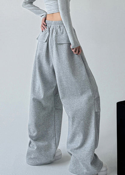 Loose Light Grey Pockets Drawstring Wide Leg Pants Spring Ta066