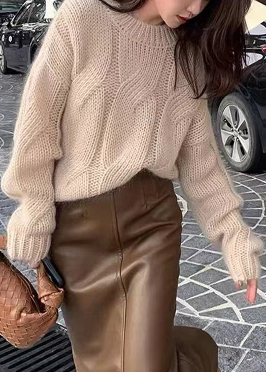 Loose Light Khaki O Neck Hollow Out Knit Sweater Winter Wq044