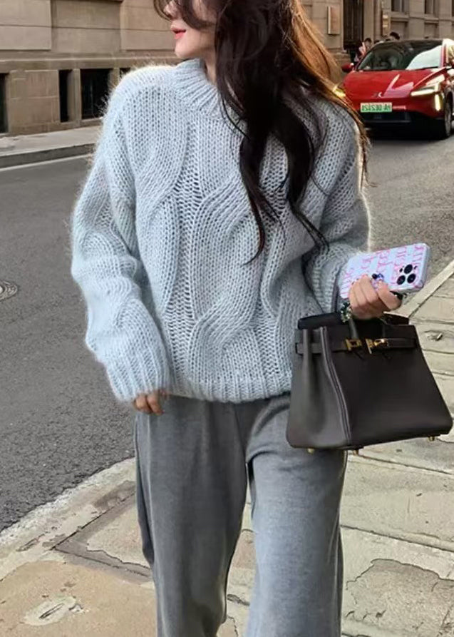 Loose Light Khaki O Neck Hollow Out Knit Sweater Winter Wq044