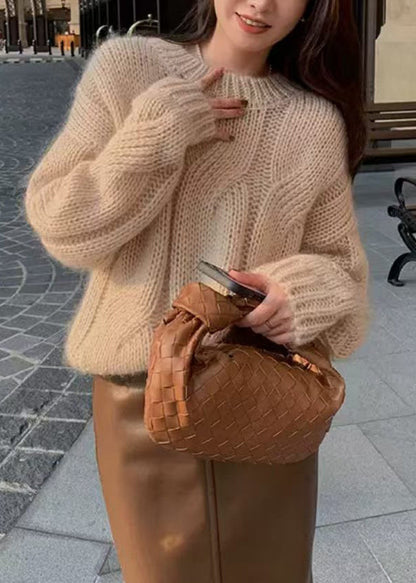 Loose Light Khaki O Neck Hollow Out Knit Sweater Winter Wq044