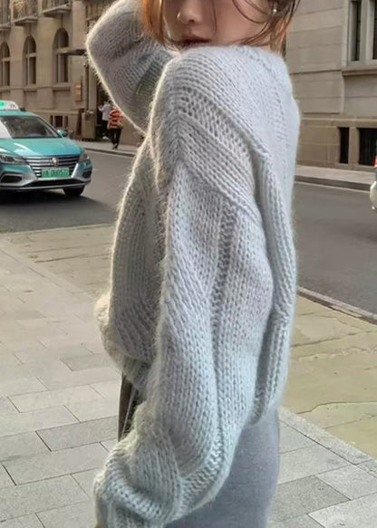 Loose Light Khaki O Neck Hollow Out Knit Sweater Winter Wq044