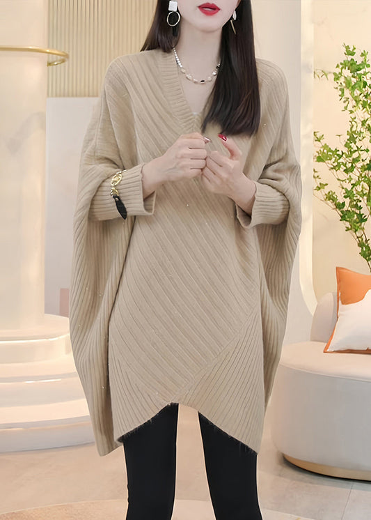 Loose Light Khaki V Neck Cozy Knit Sweater Batwing Sleeve Wm016