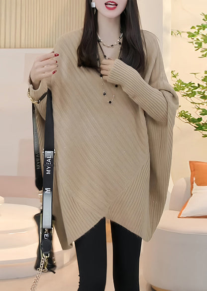 Loose Light Khaki V Neck Cozy Knit Sweater Batwing Sleeve Wm016