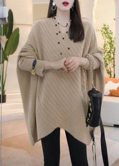 Loose Light Khaki V Neck Cozy Knit Sweater Batwing Sleeve Wm016