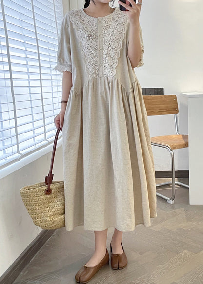 Loose Linen O Neck Lace Patchwork Linen Long Dresses Summer Gg049