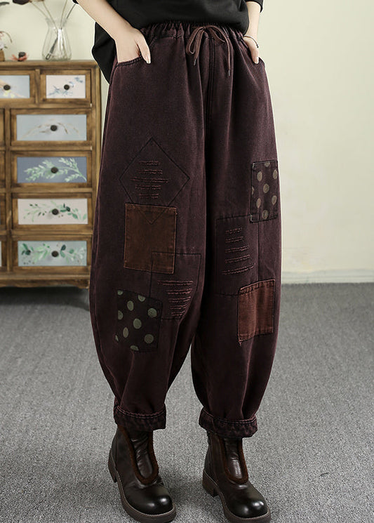 Loose Mulberry Pockets Patch Elastic Waist Warm Fleece Pants Spring Tn007