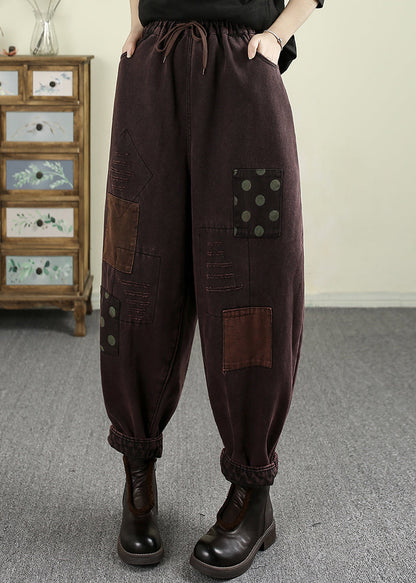 Loose Mulberry Pockets Patch Elastic Waist Warm Fleece Pants Spring Tn007