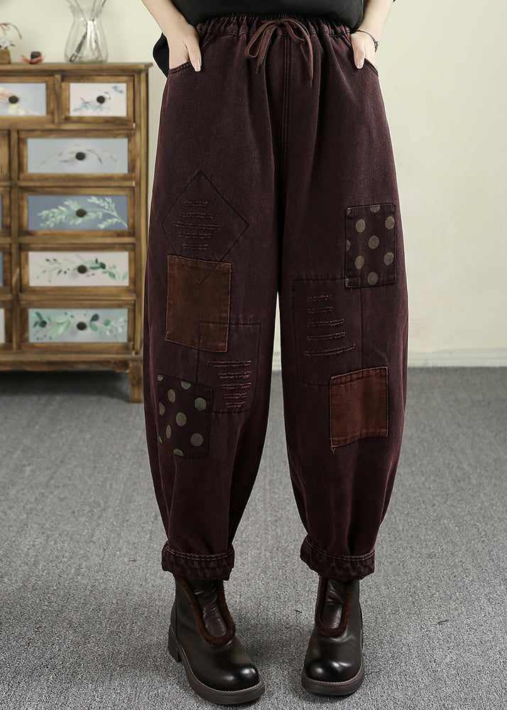 Loose Mulberry Pockets Patch Elastic Waist Warm Fleece Pants Spring Tn007