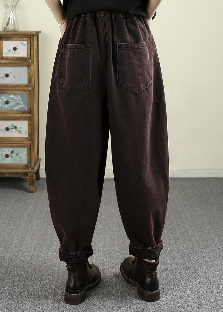 Loose Mulberry Pockets Patch Elastic Waist Warm Fleece Pants Spring Tn007