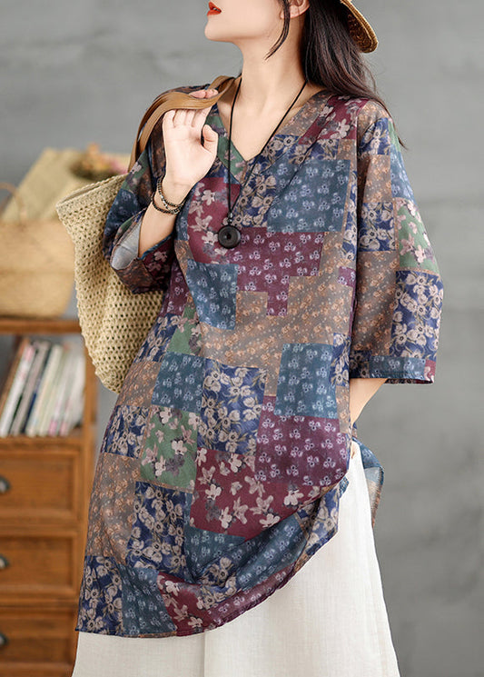 Colorblock V Neck Print Linen Mini Dress Summer Tm022