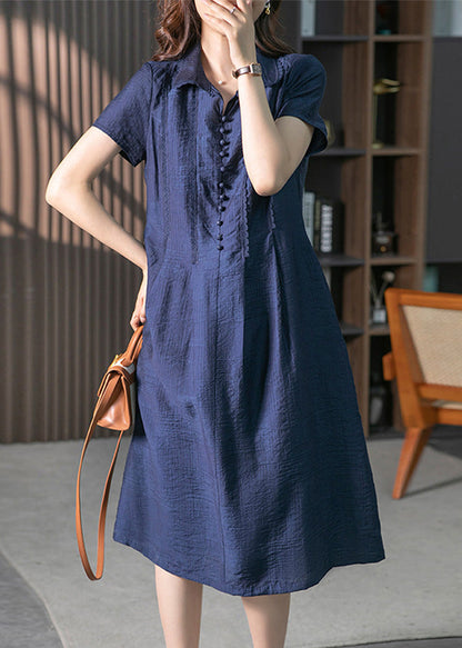 Loose Navy Peter Pan Collar Button Long Dresses Short Sleeve Ly1758
