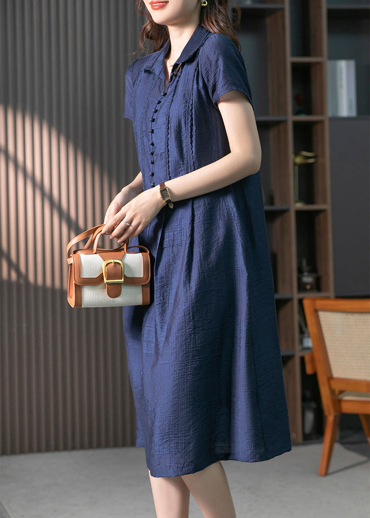 Loose Navy Peter Pan Collar Button Long Dresses Short Sleeve Ly1758