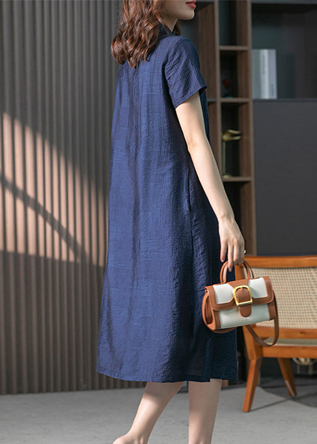 Loose Navy Peter Pan Collar Button Long Dresses Short Sleeve Ly1758
