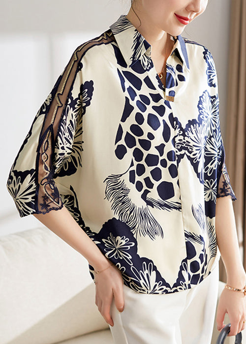 Loose Navy Peter Pan Collar Print Chiffon Blouses Bracelet Sleeve Op1047