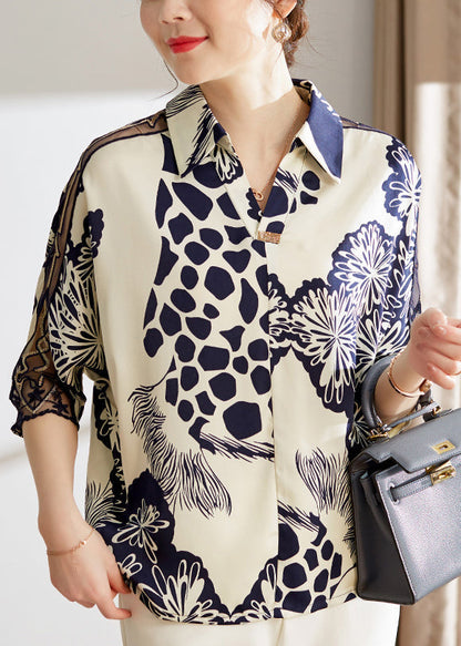 Loose Navy Peter Pan Collar Print Chiffon Blouses Bracelet Sleeve Op1047