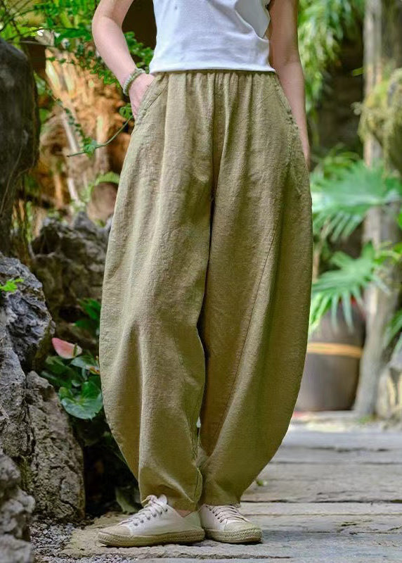 Loose Navy Pockets Elastic Waist Linen Pants Trousers Summer Qk008