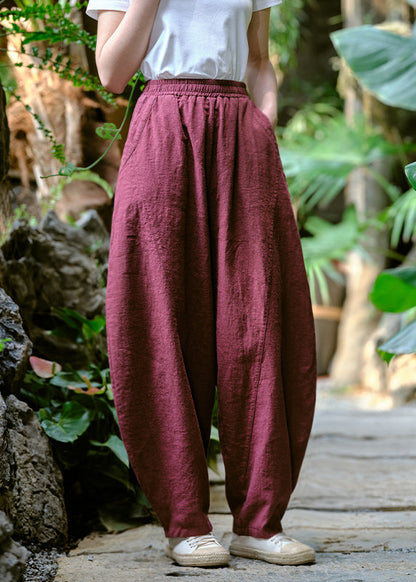 Loose Navy Pockets Elastic Waist Linen Pants Trousers Summer Qk008