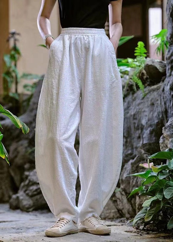 Loose Navy Pockets Elastic Waist Linen Pants Trousers Summer Qk008