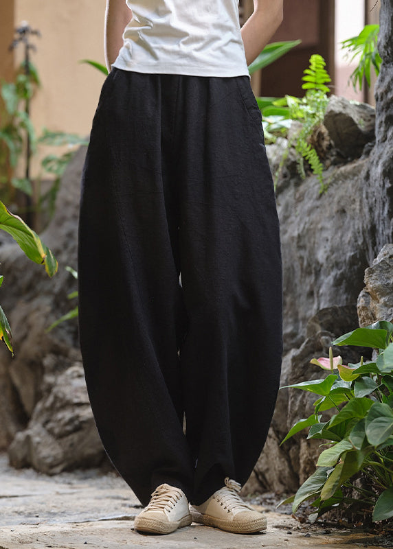 Loose Navy Pockets Elastic Waist Linen Pants Trousers Summer Qk008