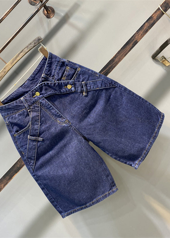 Loose Navy Pockets Patchwork Button Half Straight Pants Ty1063