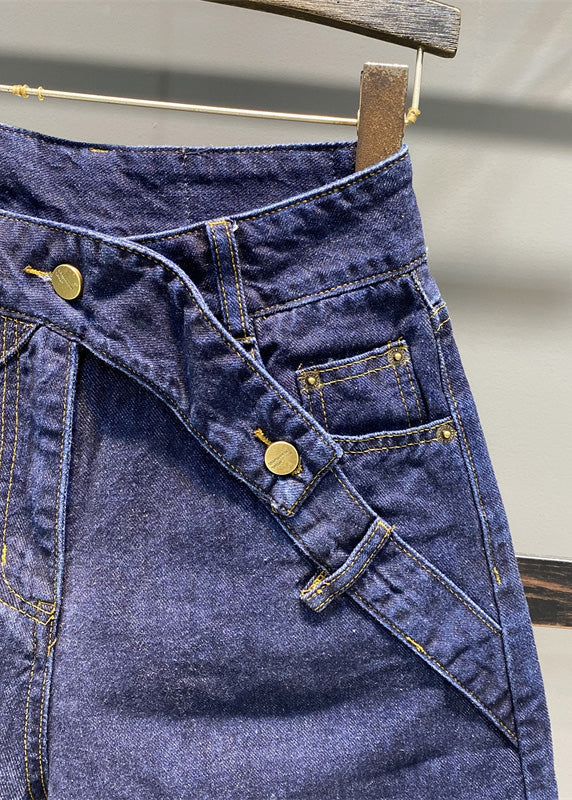 Loose Navy Pockets Patchwork Button Half Straight Pants Ty1063