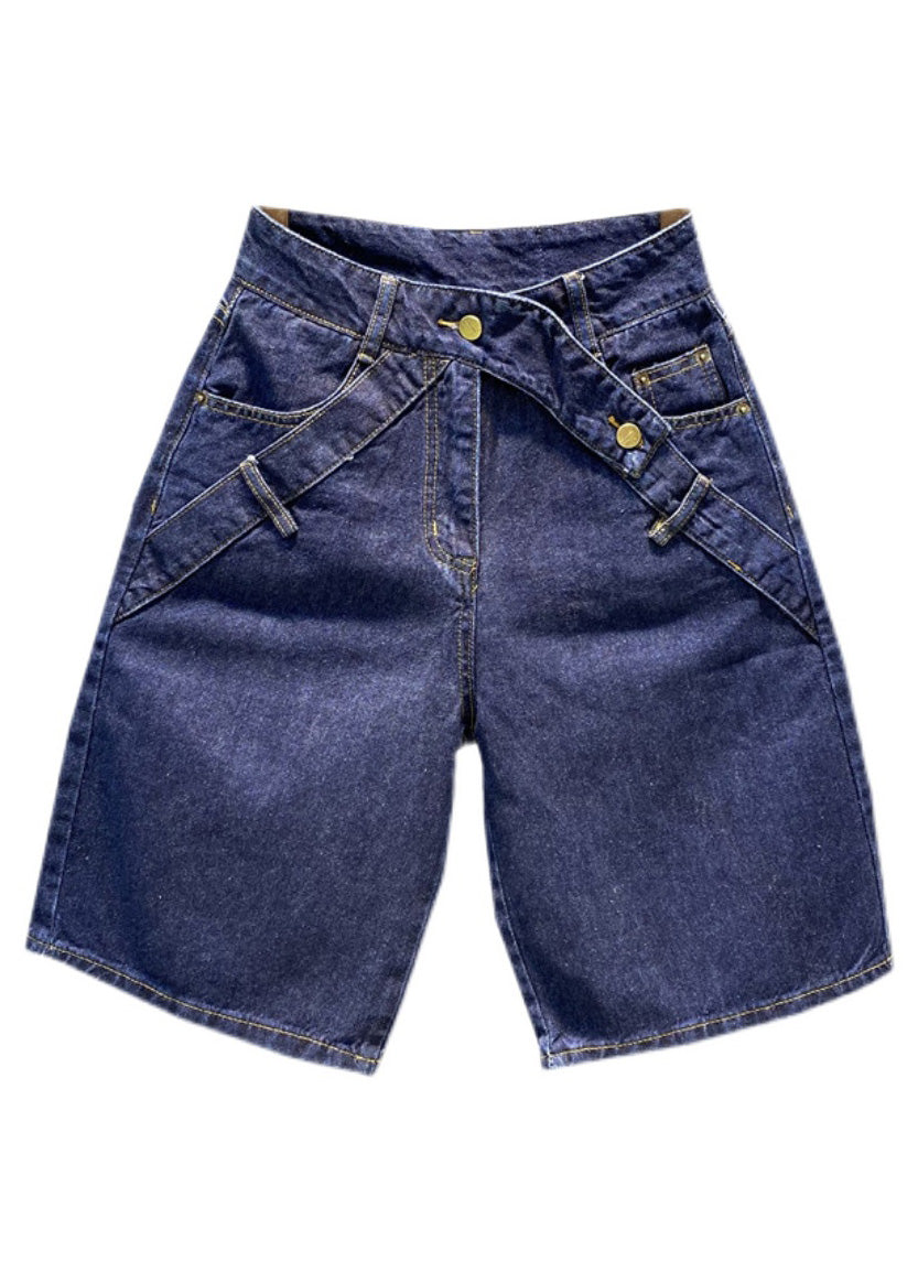 Loose Navy Pockets Patchwork Button Half Straight Pants Ty1063