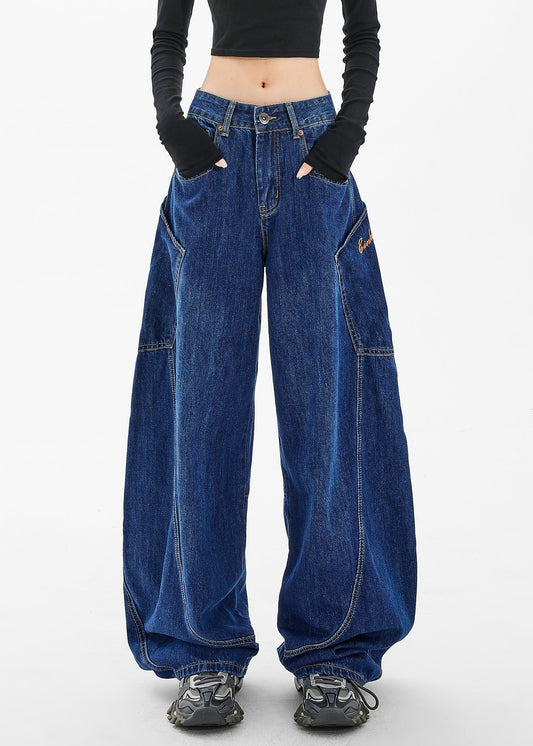Loose Navy Pockets Wide Leg Denim Pants Spring Ta058
