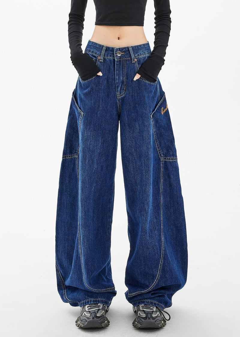 Loose Navy Pockets Wide Leg Denim Pants Spring Ta058