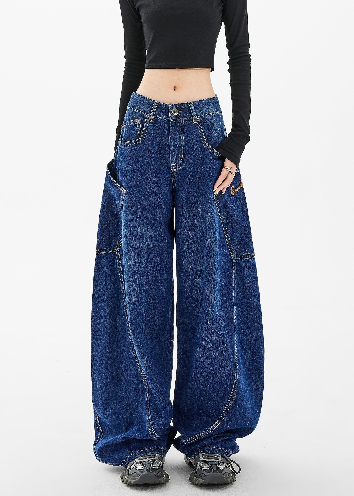 Loose Navy Pockets Wide Leg Denim Pants Spring Ta058