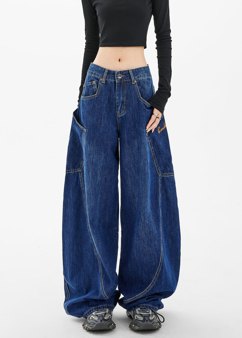 Loose Navy Pockets Wide Leg Denim Pants Spring Ta058