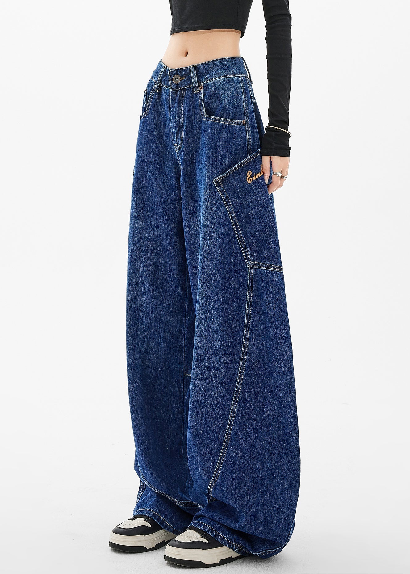 Loose Navy Pockets Wide Leg Denim Pants Spring Ta058