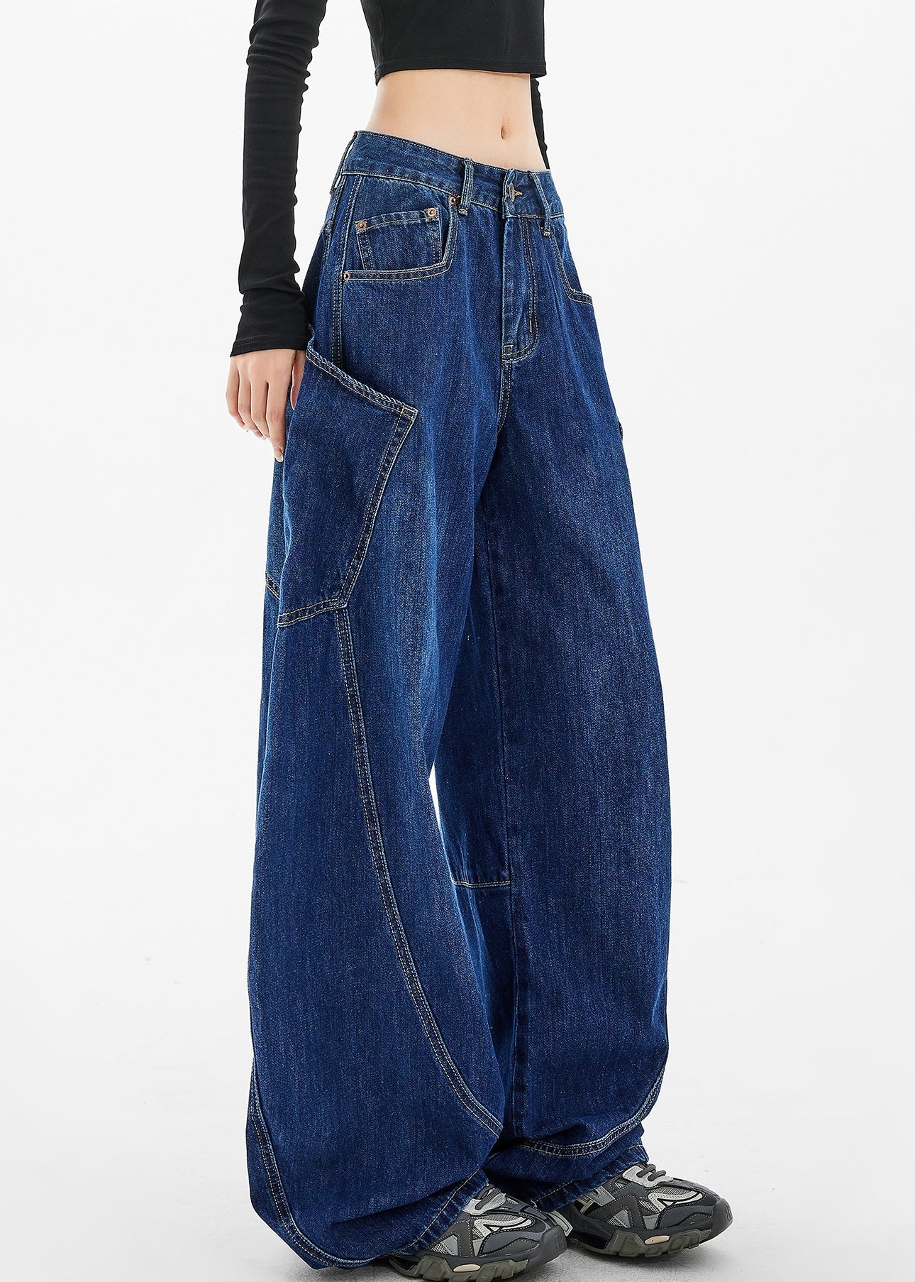 Loose Navy Pockets Wide Leg Denim Pants Spring Ta058