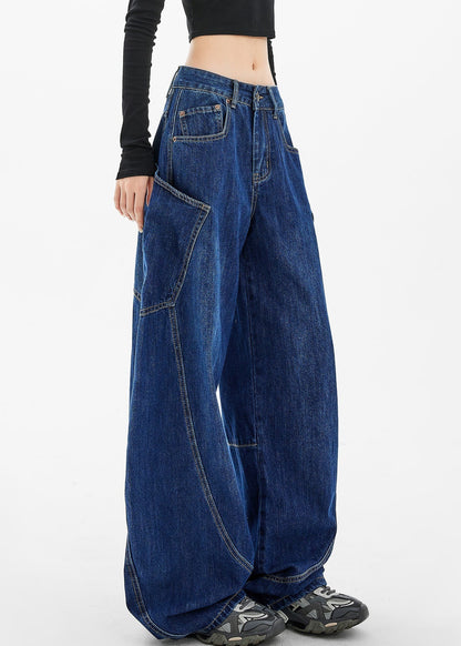 Loose Navy Pockets Wide Leg Denim Pants Spring Ta058