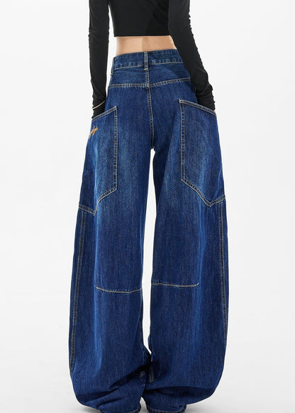 Loose Navy Pockets Wide Leg Denim Pants Spring Ta058
