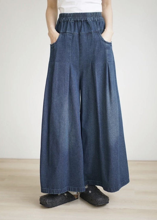 Loose Navy Pockets Wrinkled Denim Wide Leg Pants Summer Bv084