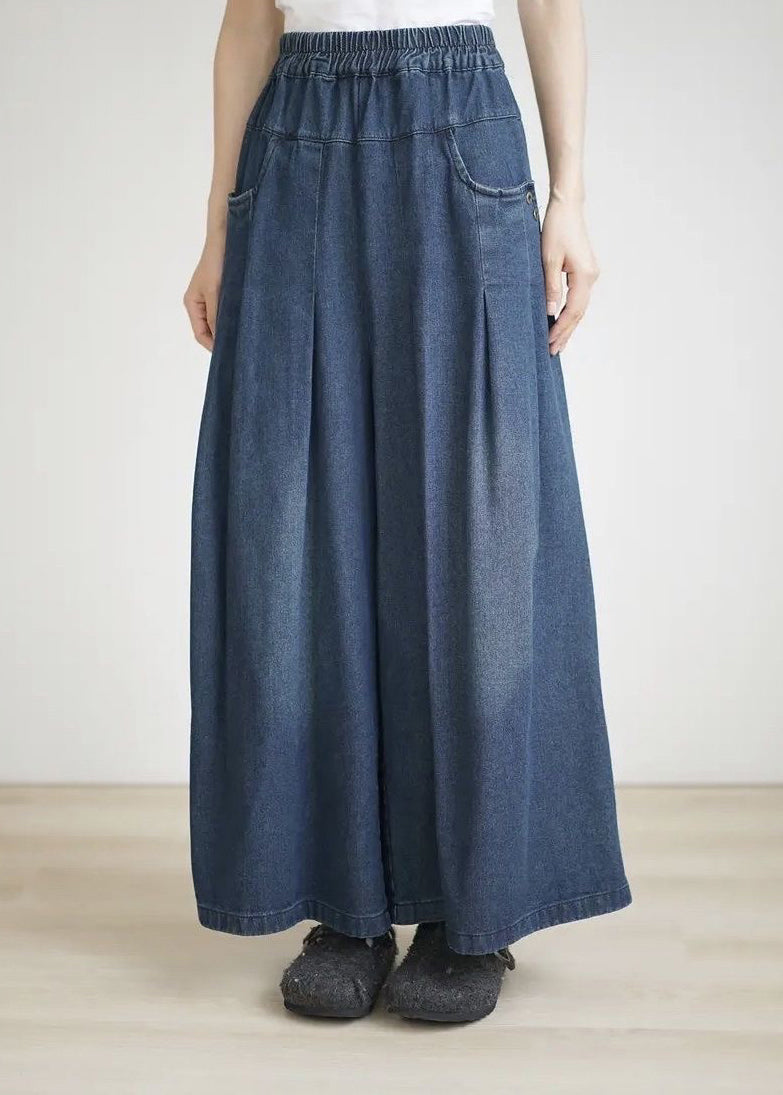Loose Navy Pockets Wrinkled Denim Wide Leg Pants Summer Bv084