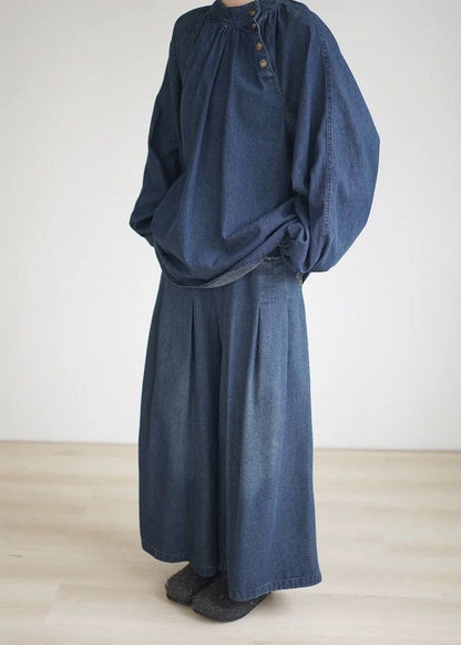 Loose Navy Pockets Wrinkled Denim Wide Leg Pants Summer Bv084